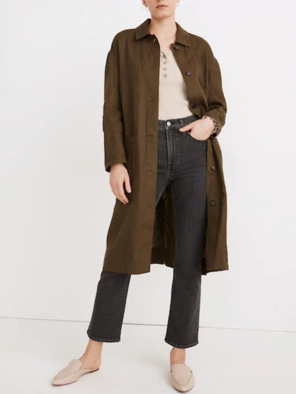 Madewell Olive Long Button-Front Coat